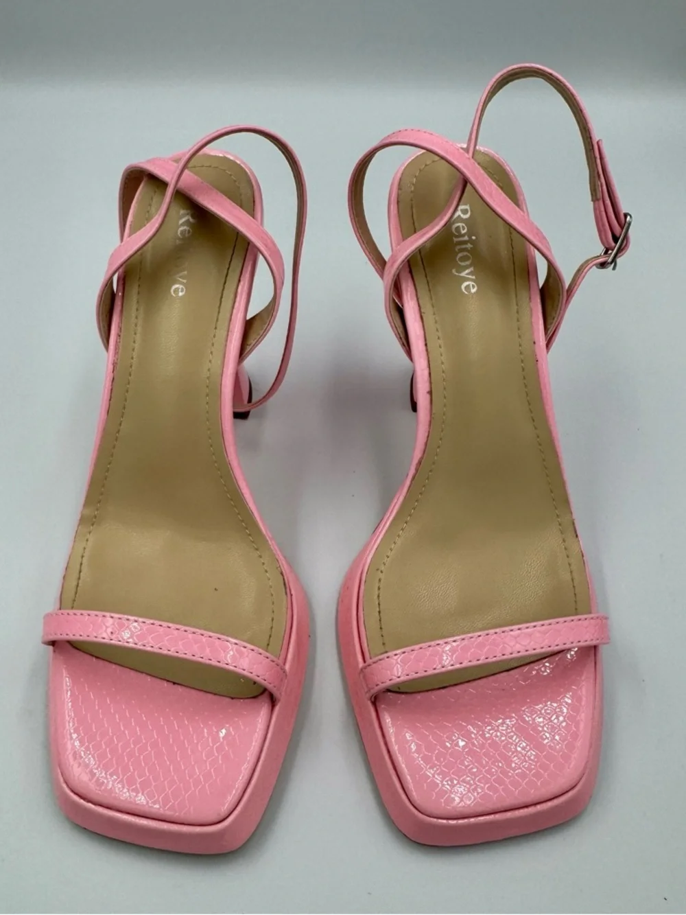 Pink Snakeskin Platform Sandals Square Toe Flare Heel Barbiecore Size 7
